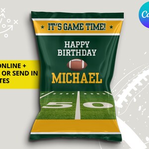 Green & Yellow Colors Green Bay Football Team Birthday Party Printable Chip Bag Label Wrapper - EDITABLE with Canva