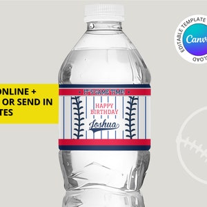 Envoltorio de etiqueta de botella de agua imprimible para fiesta de cumpleaños del equipo de béisbol de Nueva York azul y rojo - EDITABLE con Canva