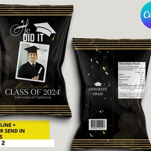 Editable Black & Gold Graduation Chip Bag Label, Printable Grad Chip ...