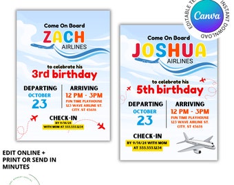May include: Two blue and white airplane themed birthday party invitations. The first invitation is for a 3rd birthday and says "Come On Board Zach Airlines" and the second invitation is for a 5th birthday and says "Come On Board Joshua Airlines". Both invitations have a red airplane graphic and the text "Departing October 23" and "Arriving 12 PM - 3 PM".