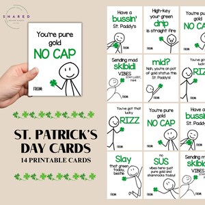 Può includere: Un set di 14 biglietti da stampare per San Patrizio con figure stilizzate che tengono trifogli e frasi divertenti. I biglietti sono progettati per essere condivisi con amici e familiari durante le festività.