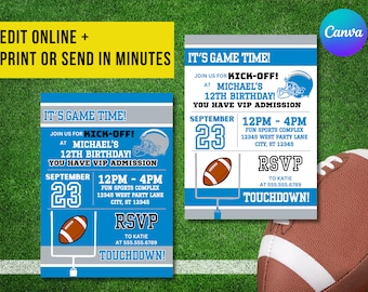 Blue & Silver Colors Detroit Football Team Birthday Party Printable Invitation - EDITABLE with Canva