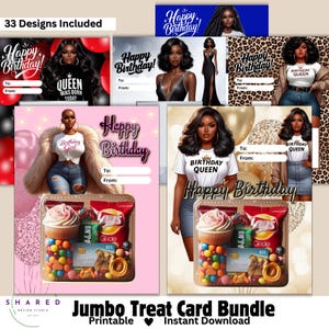 33 Happy Birthday Jumbo Card Bundle, Printable Candy Snack Gift Card, DIY Women Birthday Celebration Treat Cards - 8.5x11, 11x17