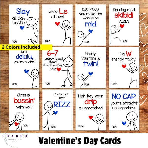 Slang Kids Valentine's Day Cards, Funny Printable Classroom Gift, 6-7 Twin Skibidi Rizz Sigma Vibes Cool Teen School Vday, Boys Valentines
