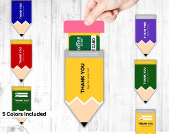 School Pencil Gift Card Holder with Sleeve, Editable Teacher Staff Appreciation Gift Card Holder, Printable Elementary Grad Money Holder