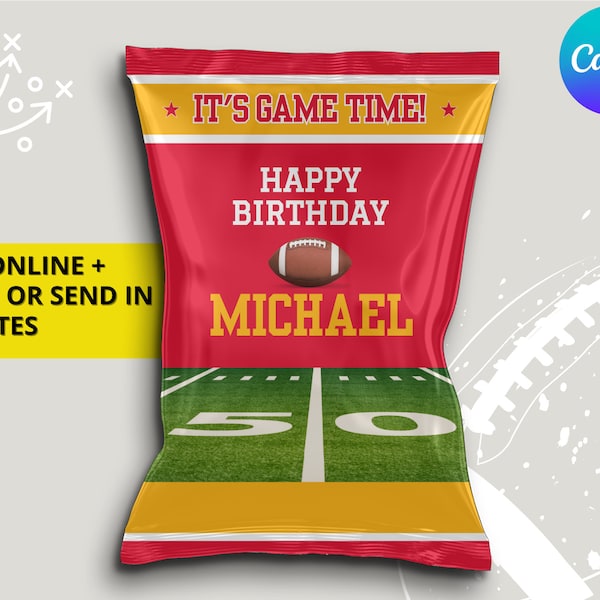 Chiefs Red & Gold Kansas City Football Team Birthday Party Printable Chip Bag Label Wrapper - EDITABLE with Canva