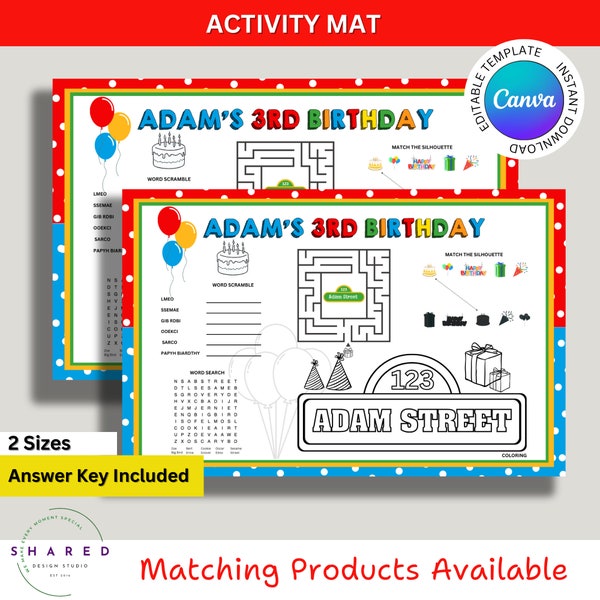 Editable Kids Primary Colors Sesame Street Birthday Party Printable Activity Mat, Editable Red Blue Green Yellow Activity Mat Party Favor