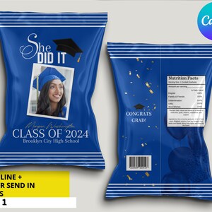 Editable Blue & Gold Graduation Chip Bag Label, Printable Grad Chip Bag ...