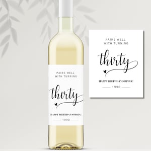 Editable Thirty Birthday Wine Bottle Label, Elegant Black & White Printable Birthday Wine Bottle Sticker, EDITABLE with Canva