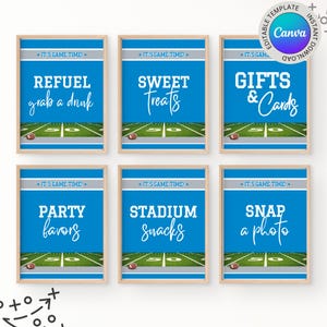 Letreros de mesa imprimibles para fiesta de cumpleaños del equipo de fútbol de Detroit en colores azul y plateado, letreros editables para obsequios de fiesta, 8 letreros de mesa para eventos