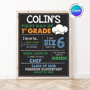 Editable First Day of School Sign, Printable Chalkboard Back to School  Photo Prop, Chef 1st Day of School Reusable Template, ANY GRADE