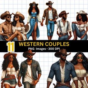 11 Western Schwarz Paare Clipart Bundle, Western Texas Hold'em Männer, Afro Frauen PNG, Rodeo Spuren, Wilder Westen Cowboy Fans Stiefel Hut