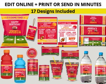 Red & Gold Colors Kansas City Football Team Birthday Party Bundle, Printable Invitation, Chip Bag, Water bottle - EDITABLE with Canva