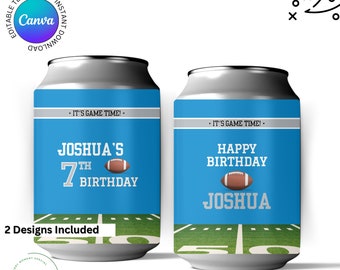 Blue & Silver Colors Detroit Football Team Birthday Party Printable Soad Can Label Beer Wrapper - EDITABLE with Canva