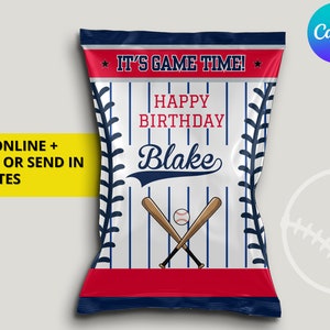 Blau & Rot New York Baseball Team Geburtstagsparty druckbare Chip Tasche Label Wrapper - EDITIERBAR mit Canva