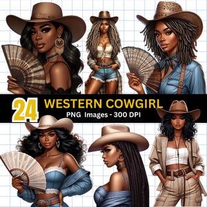 Bundle de 24 cliparts cow-girl noir, femmes de l'ouest du Texas Hold'em, femmes afro PNG, Images de balade sur le sentier de rodéo, chapeau de bottes pour les fans de cow-boy du Far West