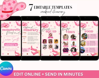 Let's Go Girl Nashville Bachelorette Weekend Itinerary Animated Invitation Template, Editable Girls Trip Itinerary Pink Cowgirl Hat & Boots