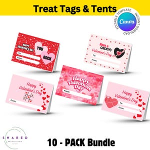 Könnte beinhalten: Zehn druckbare Valentinstag-Süßigkeiten-Etiketten und -Zelte in Rosa und Rot mit verschiedenen Designs. Die Designs beinhalten Herzen, die Worte "Happy Valentine's Day", "You Rock", "Have a Groovy Valentine's Day" und "Happy Valentines Day".