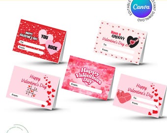 May include: Ten printable Valentine's Day treat tags and tents in pink and red with various designs. The designs include hearts, the words "Happy Valentine's Day", "You Rock", "Have a Groovy Valentine's Day", and "Happy Valentines Day".