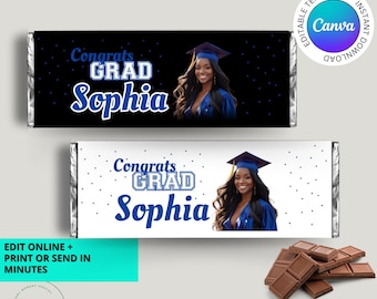 編集可能な青、白、黒の卒業式用キャンディーバーの包装紙、印刷可能な卒業おめでとうチョコレートバーのラベル、カスタム卒業式写真パーティーの記念品