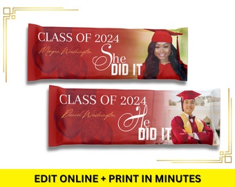 Editable Red & Gold Graduation Candy Bar Wrapper, Printable Grad Candy Bar Label, Customizable Graduation Party Favor - EDITABLE with Canva