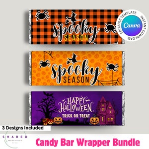 May include: Three printable Halloween candy bar wrapper designs. The first design features a black and orange plaid pattern with a witch flying on a broomstick and the text "Spooky Season". The second design features a pattern of orange pumpkins with a witch flying on a broomstick and the text "Spooky Season". The third design features a purple background with a silhouette of a spooky house, a tree, and pumpkins with the text "Happy Halloween Trick or Treat".