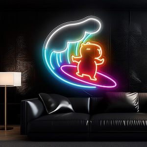 Surfing Capybara Neon Sign, Blue Wave Animal Neon Sign, Funny Animal LED Sign, Ocean Bar Light Up, Beach Club LED Neon, Cute Capybara Sign