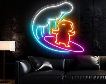 Surfing Capybara Neon Sign, Blue Wave Animal Neon Sign, Funny Animal LED Sign, Ocean Bar Light Up, Beach Club LED Neon, Cute Capybara Sign