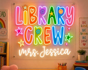 Personalized Library Crew Neon Sign, Custom Teacher Name LED Light, School Library Wall Decor, Librarian Gift, Reading Classroom Neon Decor