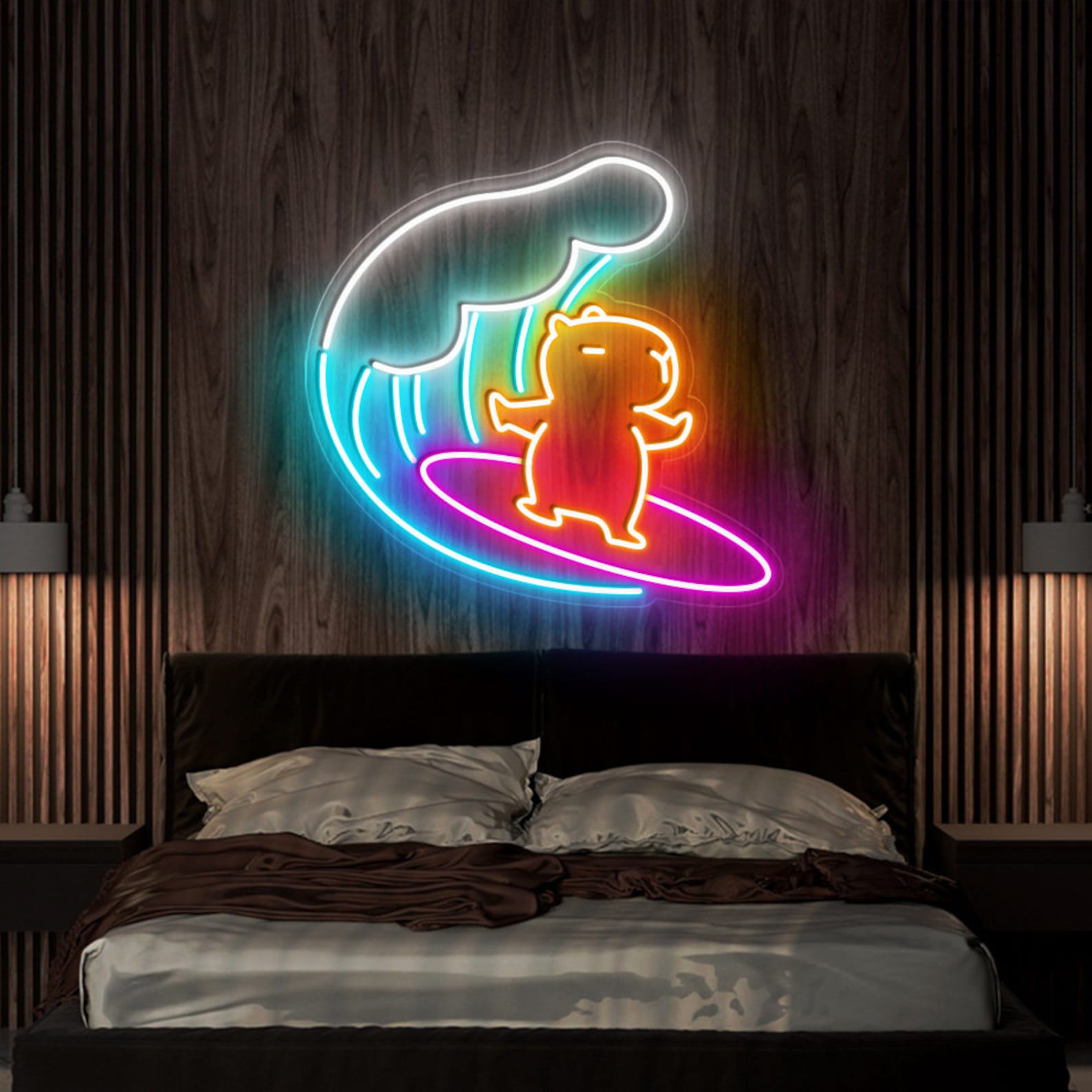 Surfing Capybara Neon Sign, Blue Wave Animal Neon Sign, Funny Animal ...
