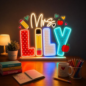 Teacher Gifts Personalized Neon, Custom Name Teacher Neon Sign, Gift For Teacher, Classroom Decor, Back To School Gift, Teacher Welcome Neon image 3
