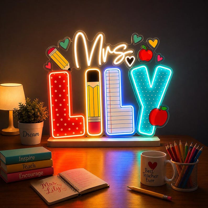 Teacher Gifts Personalized Neon, Custom Name Teacher Neon Sign, Gift For Teacher, Classroom Decor, Back To School Gift, Teacher Welcome Neon image 3