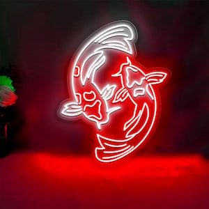 May include: White neon outline of two koi fish swimming in a circle against a red background.