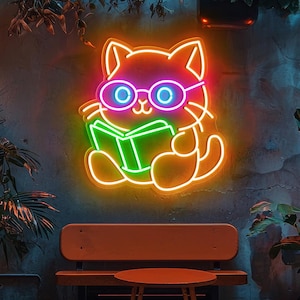 Enseigne néon livre chat, enseigne LED pour chambre de chat, enseigne au néon bibliothèque, enseigne lumineuse bébé chat, enseigne au néon livre, cadeau pour amoureux des livres, enseigne lumineuse LED néon livre chaton