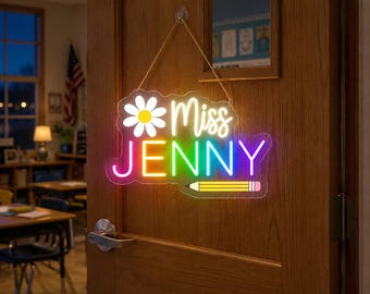 Personalized Floral Teacher Door Sign, Custom Teacher Name Neon Sign, Classroom Decor, Daisy Pencil Name Plaque, Teacher Appreciation Gift