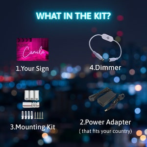 May include: A neon sign kit with a pink neon sign that says "Camila", a power adapter, a dimmer switch, and a mounting kit with screws and anchors.