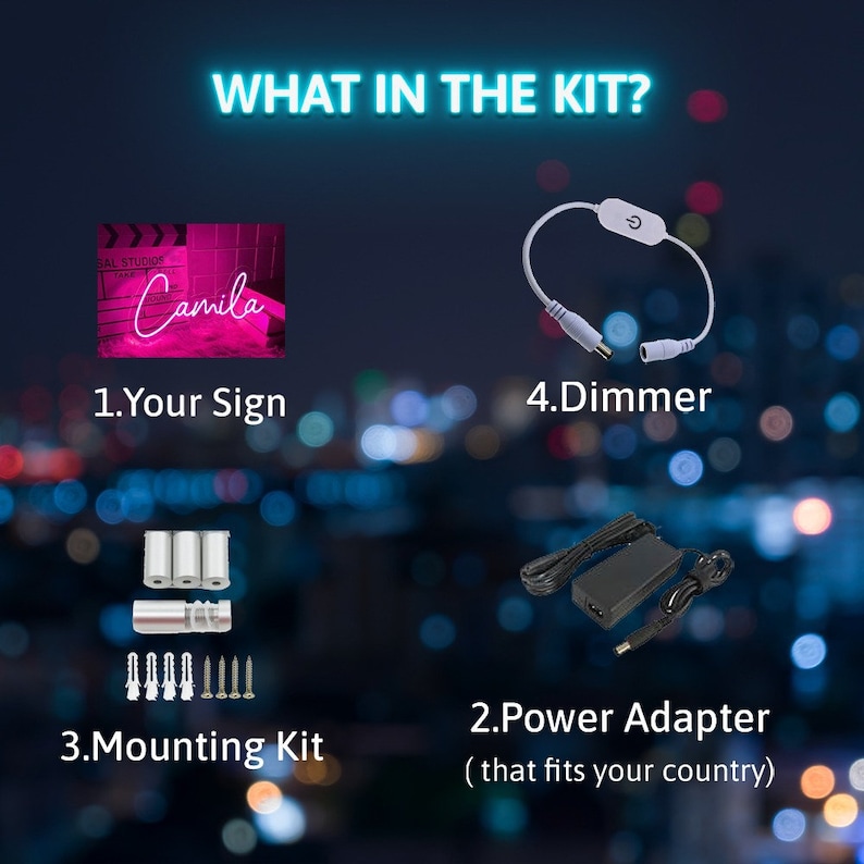 May include: A neon sign kit with a pink neon sign that says "Camila", a power adapter, a dimmer switch, and a mounting kit with screws and anchors.