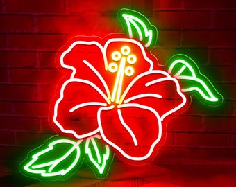Hibiscus Neon Sign,Pink Tropical Flower With Yellow Stame,Plant Garden LED Lights,Romantic Flower LED Sign,Garden Neon,Botanical Garden Sign