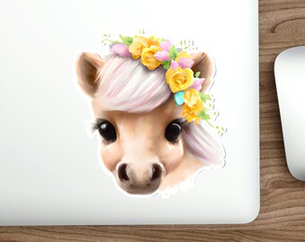 Süßes Pony Gestanzte Sticker, Aquarell Pony Sticker, Blumen Krone Pony Sticker, Sticker Geschenk für Pferdeliebhaber, Aufkleber Geschenk für PonyLiebhaber