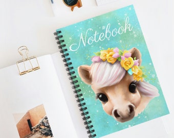 Cute Pony Spiral Notebook, Watercolor Pony Journal, Floral Crown Pony Notebook, Journal Gift for Horse Lover, Notebook Gift for Pony Lover