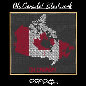 May include: A blackwork PDF pattern featuring a stylized map of Canada in red and white, resembling the Canadian flag. The text "Oh Canada! Blackwork" and "Oh Canada!" are displayed, along with "PDF Pattern". The design is framed in a gold border.
