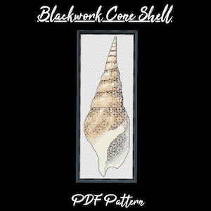 May include: A framed blackwork cone shell design. The shell is a gradient of beige and white, with a detailed geometric pattern. The text "Blackwork Cone Shell" is at the top, and "PDF Pattern" is at the bottom.