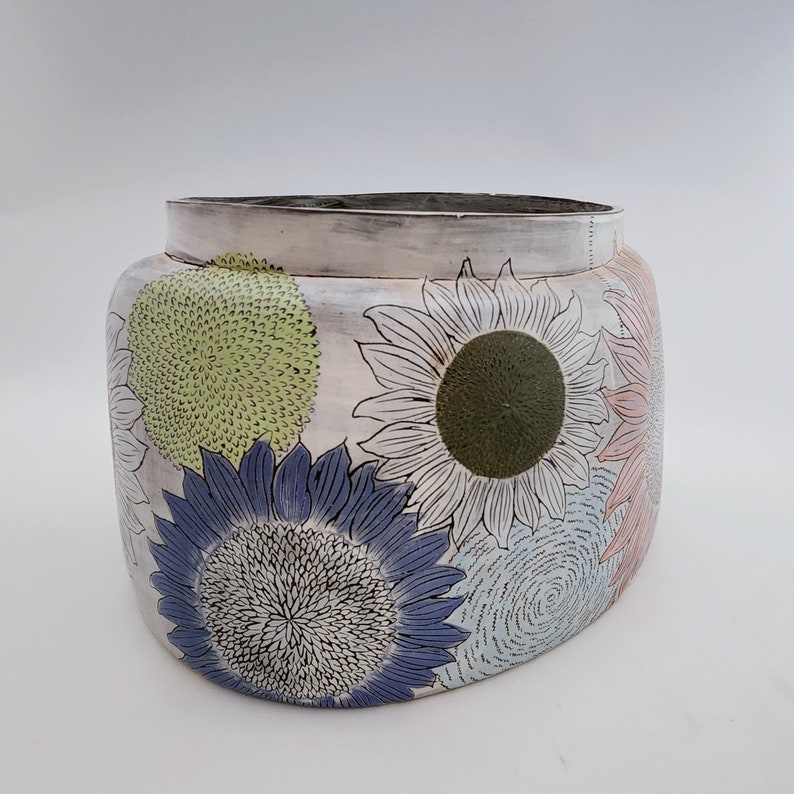 large ceramic vase, oval vase, chunky vase, multi colored sunflower vase image 4