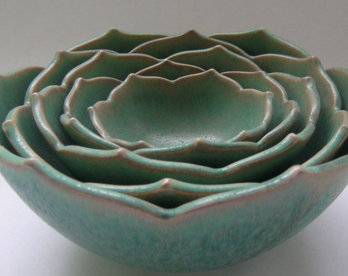 Five Nesting Lotus Bowls in Matte Green Etsy