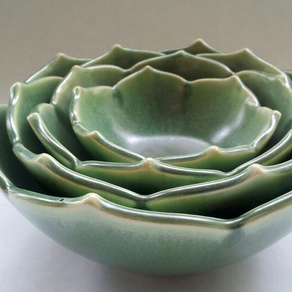 Four Nesting Lotus Bowls in Green