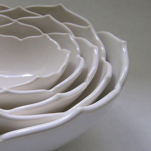Ceramic Nesting Lotus Bowls Set of Five in White for Dining, Entertaining, Home Decor