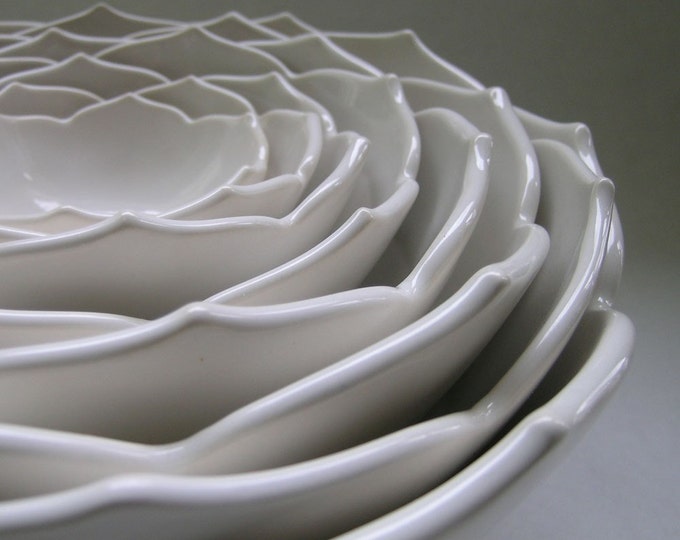 Eight Ceramic Nesting Lotus Bowls in White Etsy
