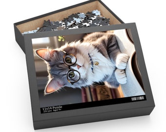 A cat with glasses sits on a book Puzzle (120, 252, 500-Piece)