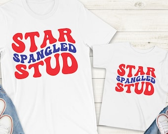 Camisetas a juego para papá e hijo para el 4 de julio, camisetas con estampado de estrellas y lentejuelas.