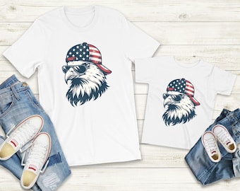 Bijpassende 4 juli-set met adelaar-T-shirt, vader en kind